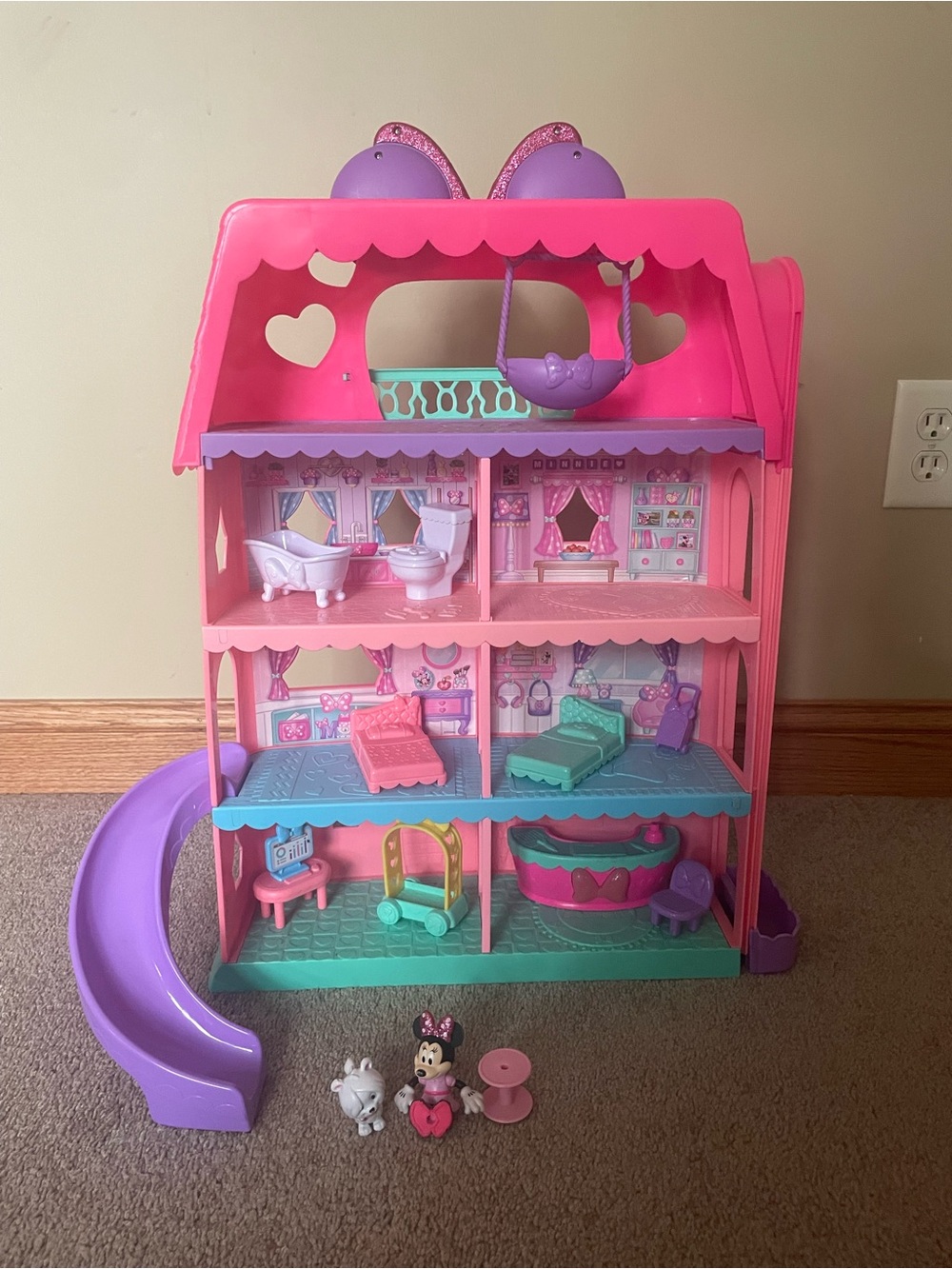 Disney Minnie Mouse Pink Playhouse with Purple Bow and Mint Accents